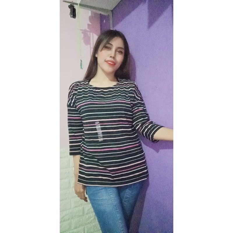 Phenomenal size L Original kaos wanita remaja atasan top perempuan lengan panjang 7/8 gari-garis cew