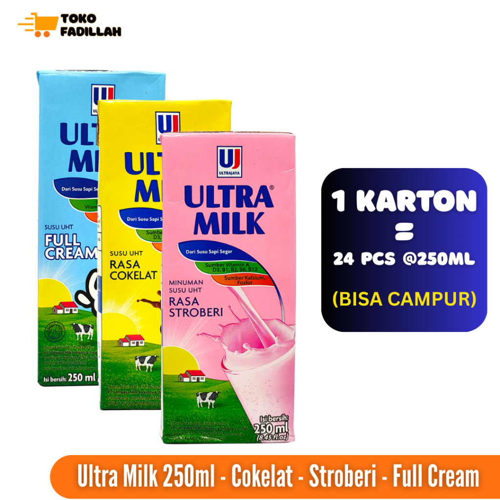 

Ultra Milk Susu UHT 250ml 1 Dus isi 24 pcs (Full Cream / Cokelat / Stroberi)