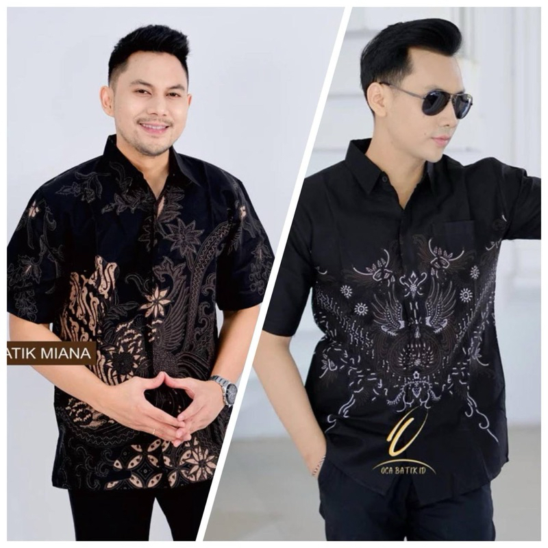 Kemeja Batik Pria Lengan Pendek Modern Terbaru Hem Terlaris Baju Katun Hitam Dewasa Motif Soang Hita
