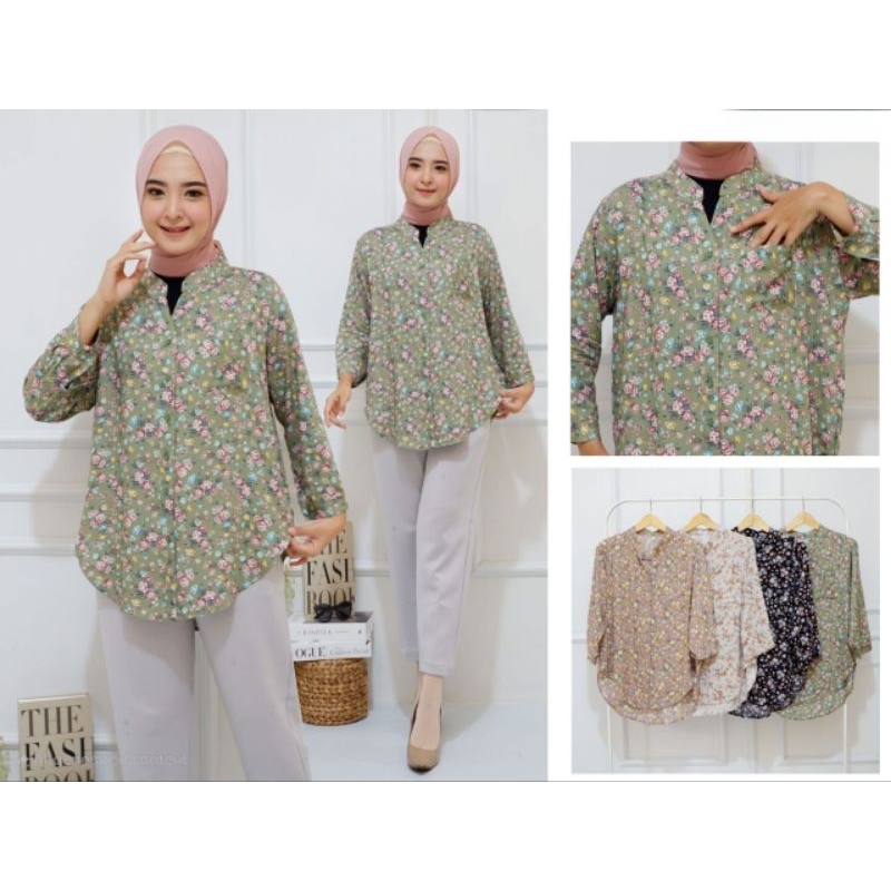 Kemeja Wanita Motif Bunga Kecil / Atasan Wanita Motif Bahan Rayon Kerah Shanghai