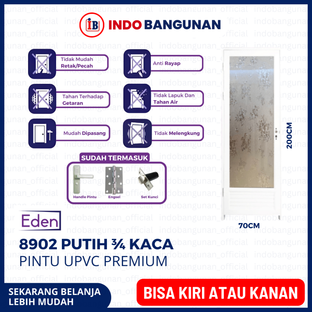 PINTU KAMAR MANDI WC 3/4 KACA ALUMUNIUM KUAT TAHAN CUACA 70X200 EDEN 8902 PUTIH