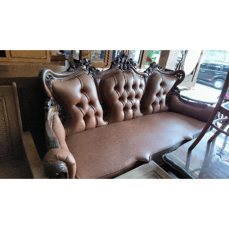 FarhanahJati Kursi Tamu Jati Mewah Ganesa Romawi - Kulit Oscar Finishing Natural