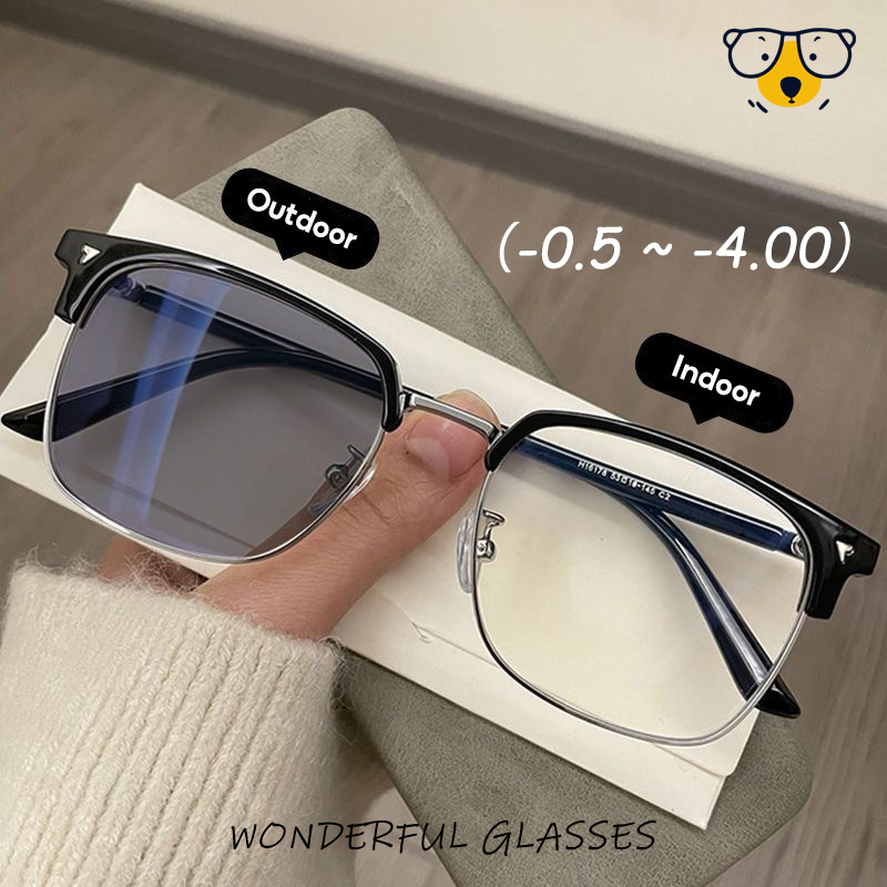 Minus (0~-4.00°) Kacamata Anti Radiasi Photochromic Pria Wanita Bisnis Bingkai Persegi