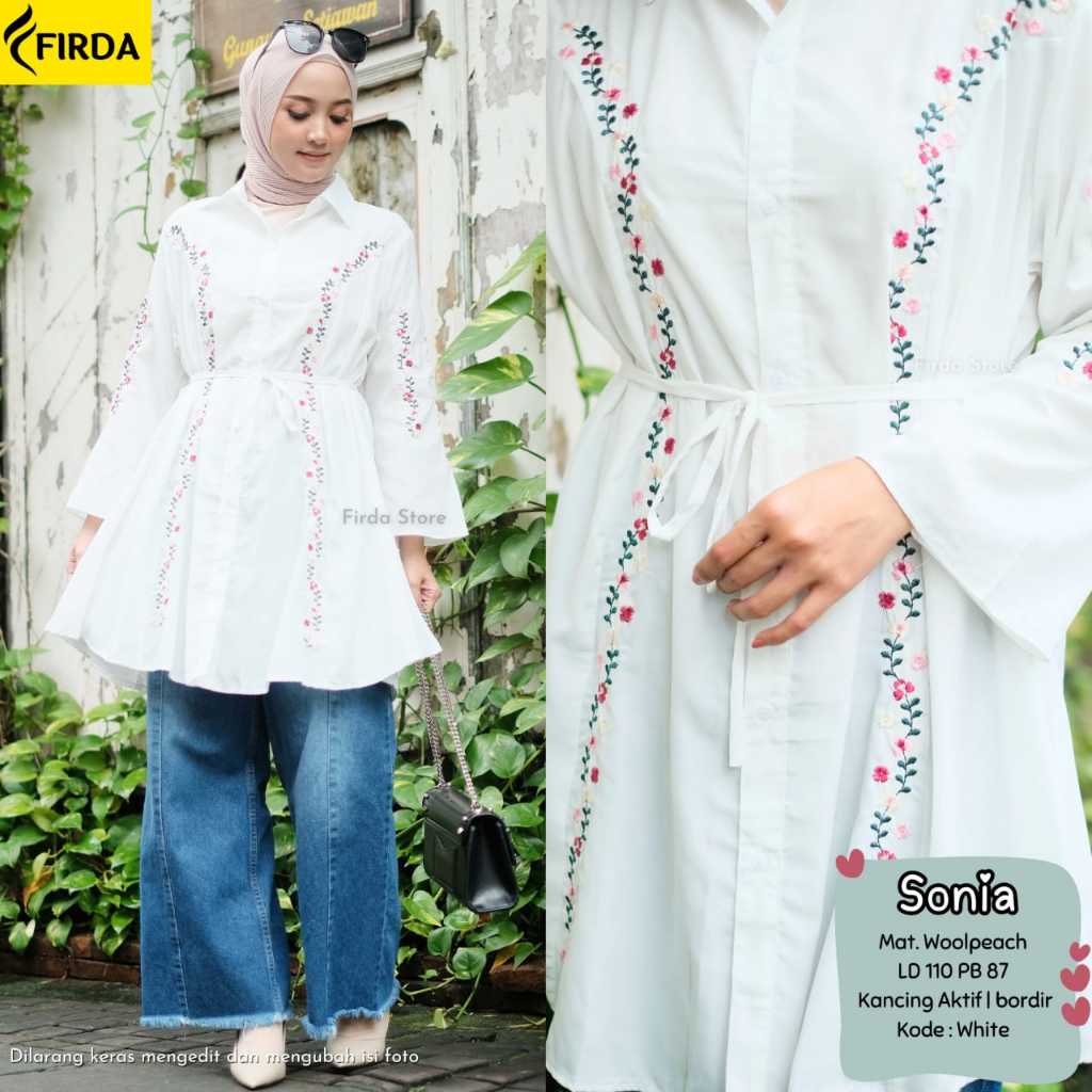 Kemeja Tunik Sonia Motif Bordir Bunga Mat Wolfis Premium Kancing Aktif Lengan Panjang