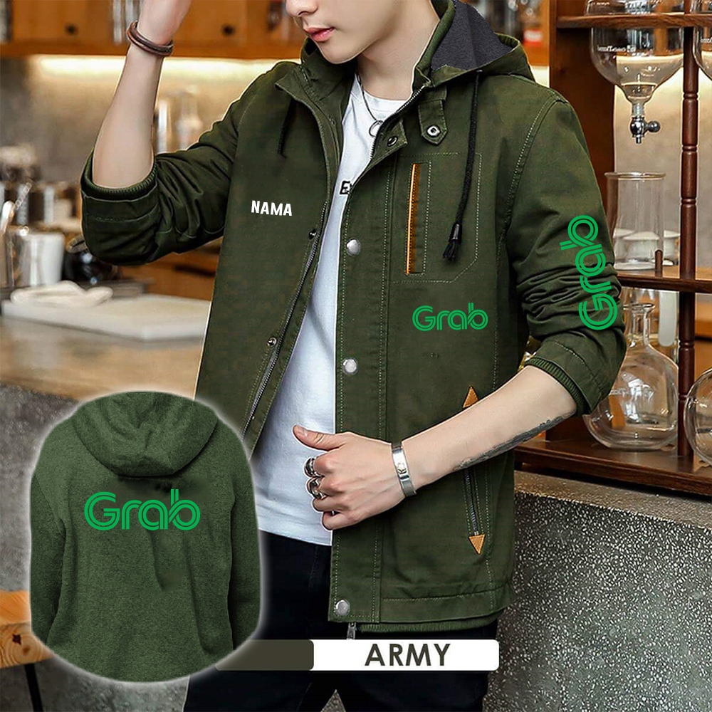 JAKET SEMI PARKA KICK GAS GRAB / JAKET CUSTOM SABLON GRAB / BISA REQUEST SABLON NAMA / JAKET PRIA WA