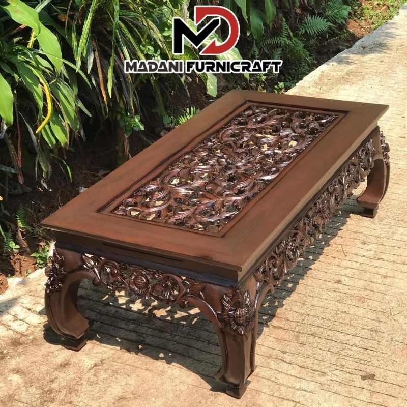 MEJA KETAPANG UKIRAN MEJA TAMU MEJA LESEHAN KAYU JATI FINISHING