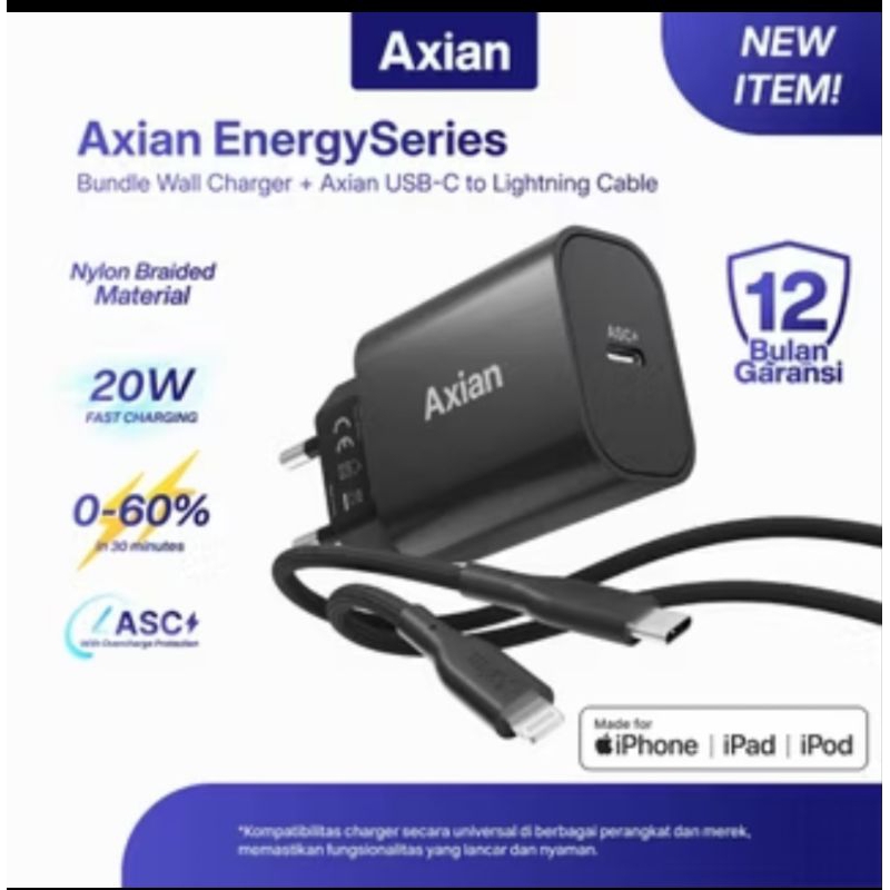 Charger Iphone Fast Charging 20W MFI Merk AXIAN Original (Adaptor dan Kabel) type C to Lightning