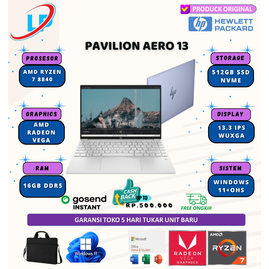 HP pavilion aero 13 ryzen 7 8840 16gb 1tb w11+ohs 13.3 wuxga ips
