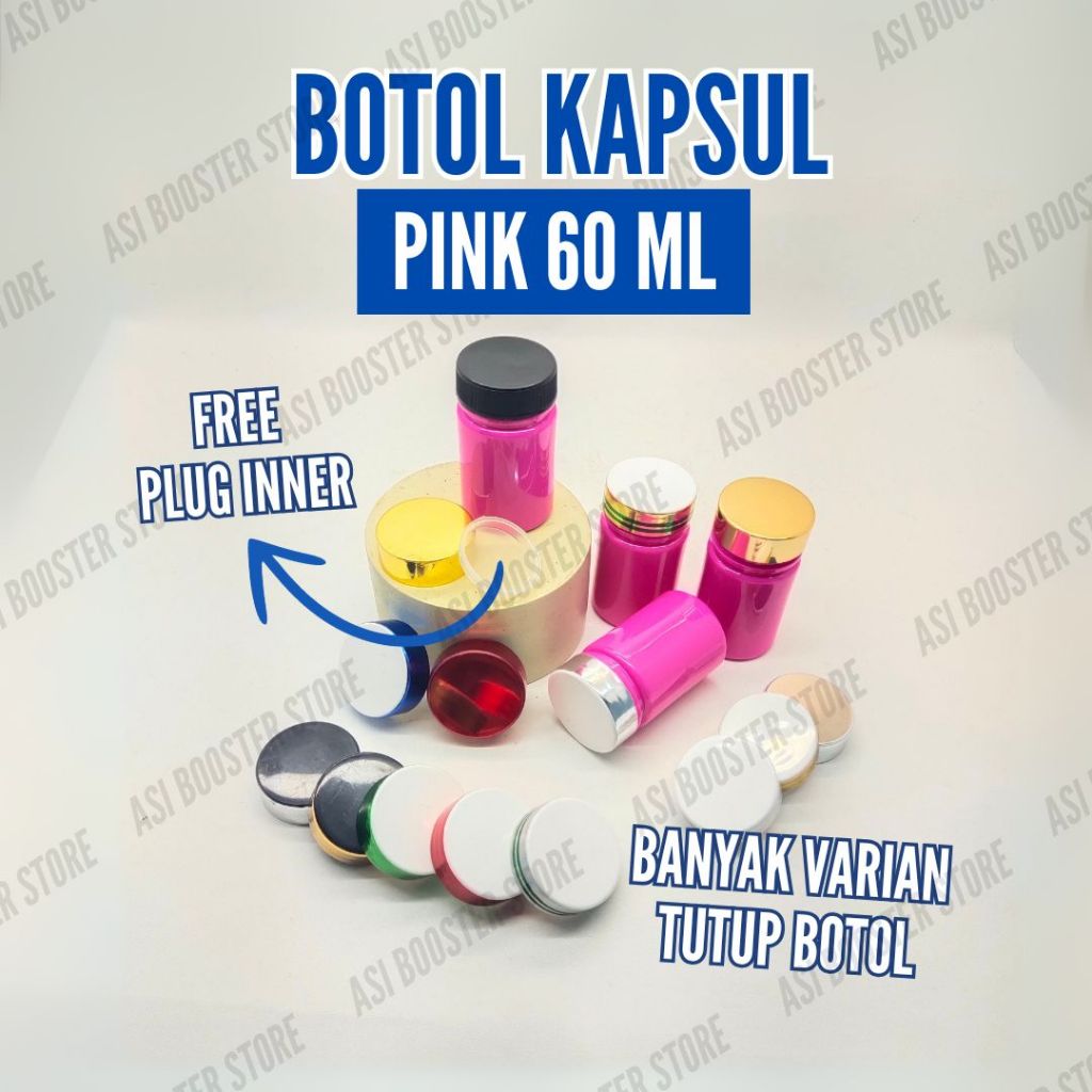Botol Obat 60ML Pink Tutup Putih Polos + Inner