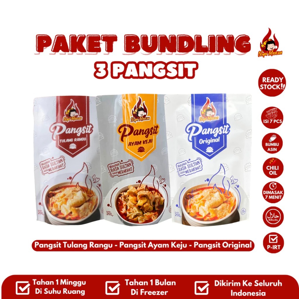 

Paket Bundling tiga pangsit Nyai Mercon (Pangsit Tulang rangu, ayam keju, pangsit Original)