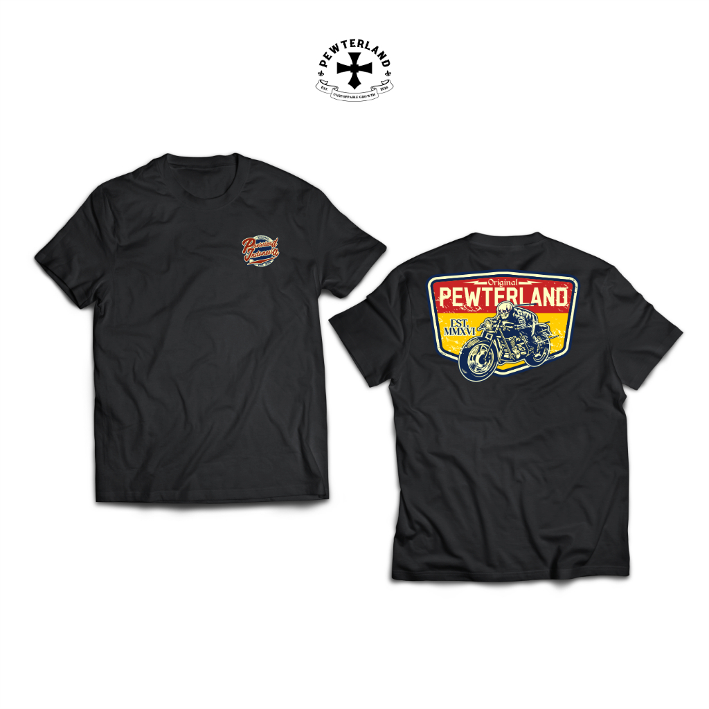 kaos pria original 100% Pewterland T-Shirt Black Skull Rider Lengan Pendek Pria dan Wanita