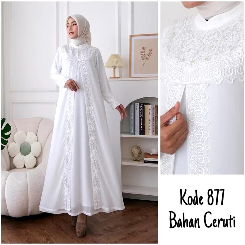 Baju Muslim putih Wanita / Busana Muslim umroh haji / Baju Gamis Putih tulang Lebaran /Gamis Wanita 