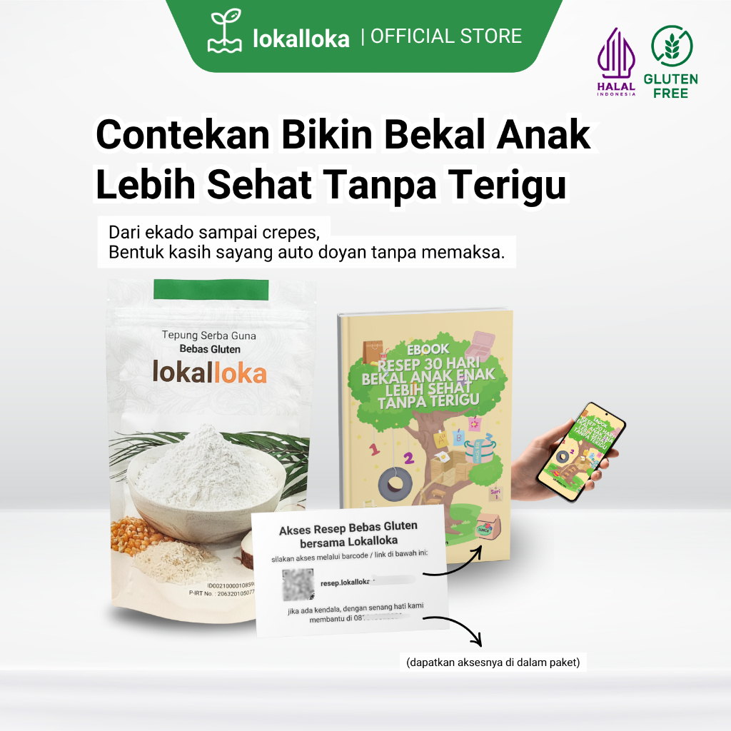 

Tepung Serba Guna Bebas Gluten Lokalloka 500 gram bundling resep 30 resep bekal anak enak lebih sehat tanpa terigu