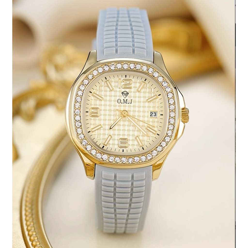OMJ Jam Tangan Wanita Quartz Premium Strap Karet Watch Berlian Tahan Air