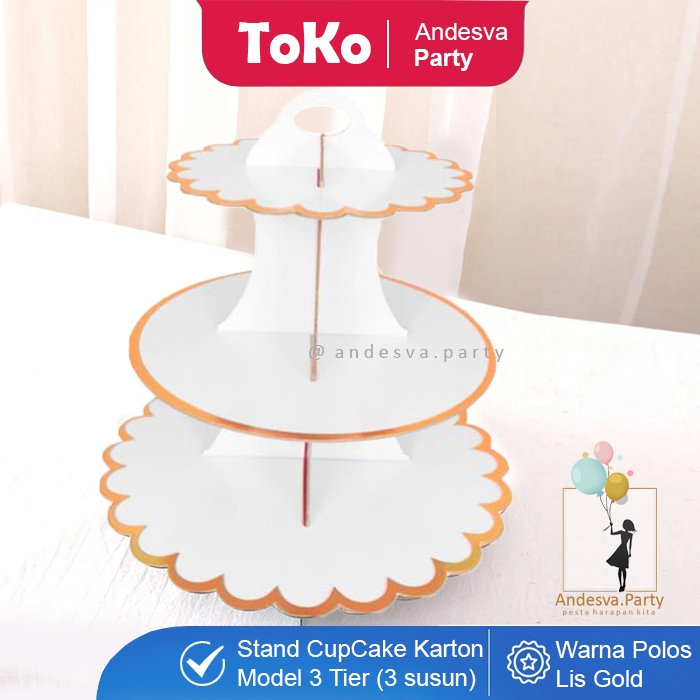 Cake Stand PUTIH Polos List Gold / 3 Tier Cupcake Stand / standing cupcake polos / Tatakan cupcake