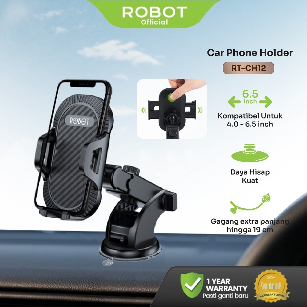 ROBOT Car Holder RT-CH12 Universal HP Holder Mobil Dashboard Kaca Putar 360° Suction Cup Lock Otomatis Adjustable Arm 19cm Stabil untuk iPhone Android Original - Garansi Resmi 1 Tahun