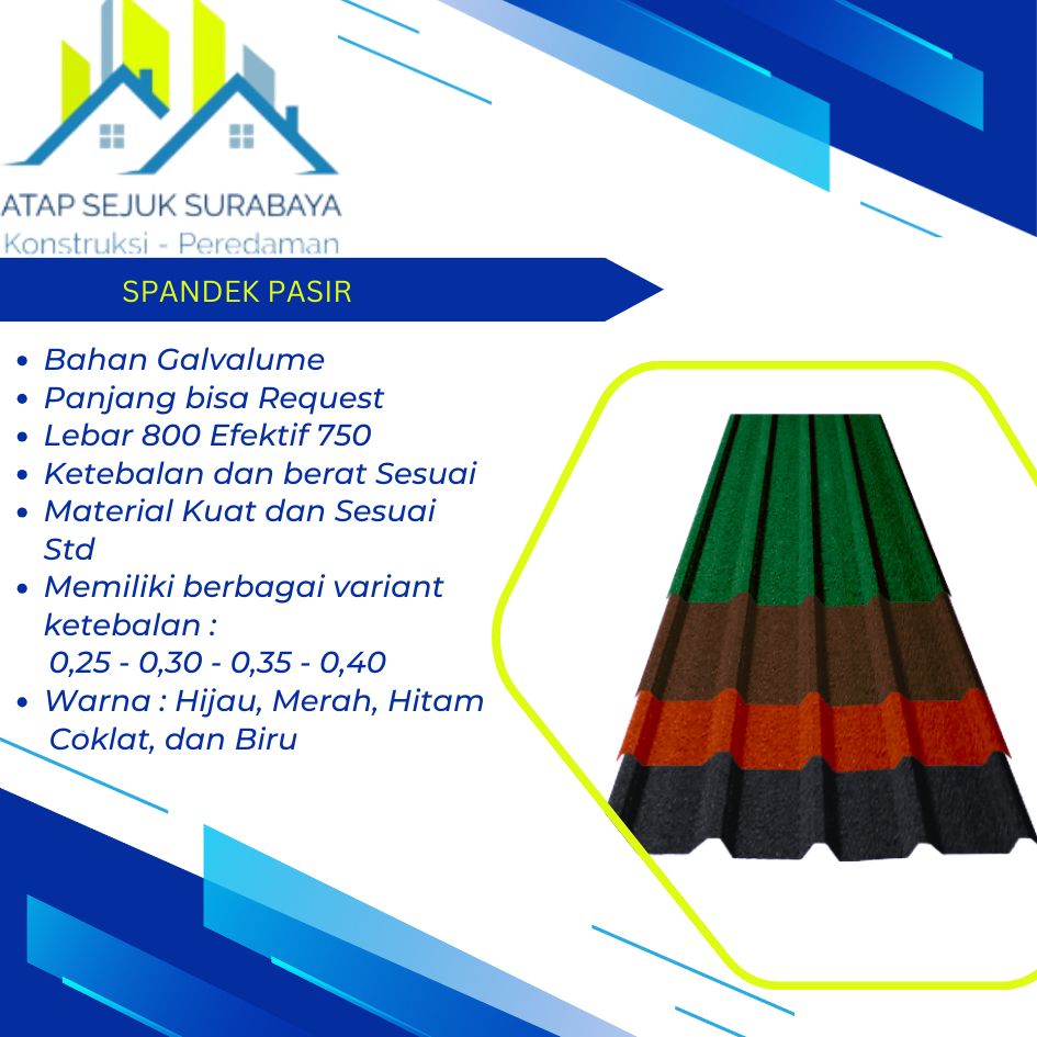 Spandek Pasir Galvalume Tebal 0,25 - 0,35 Merah Maroon - Hitam - Coklat - Hijau - Biru