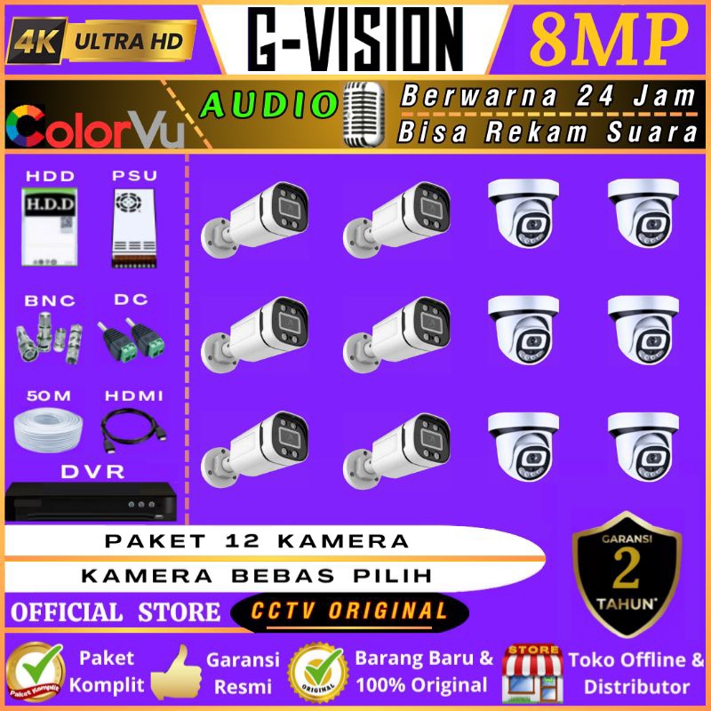 PAKET  CCTV  12  KAMERA  COLORVU  AUDIO  LENGKAP  -->  8MP  ULTRA  HD  (4K)