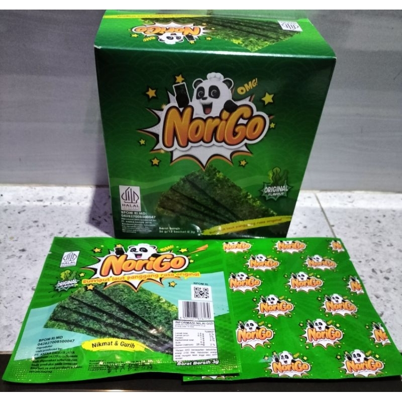 

Norigo Rumput Laut halal BPOM 3g camilan rumput laut terjangkau.