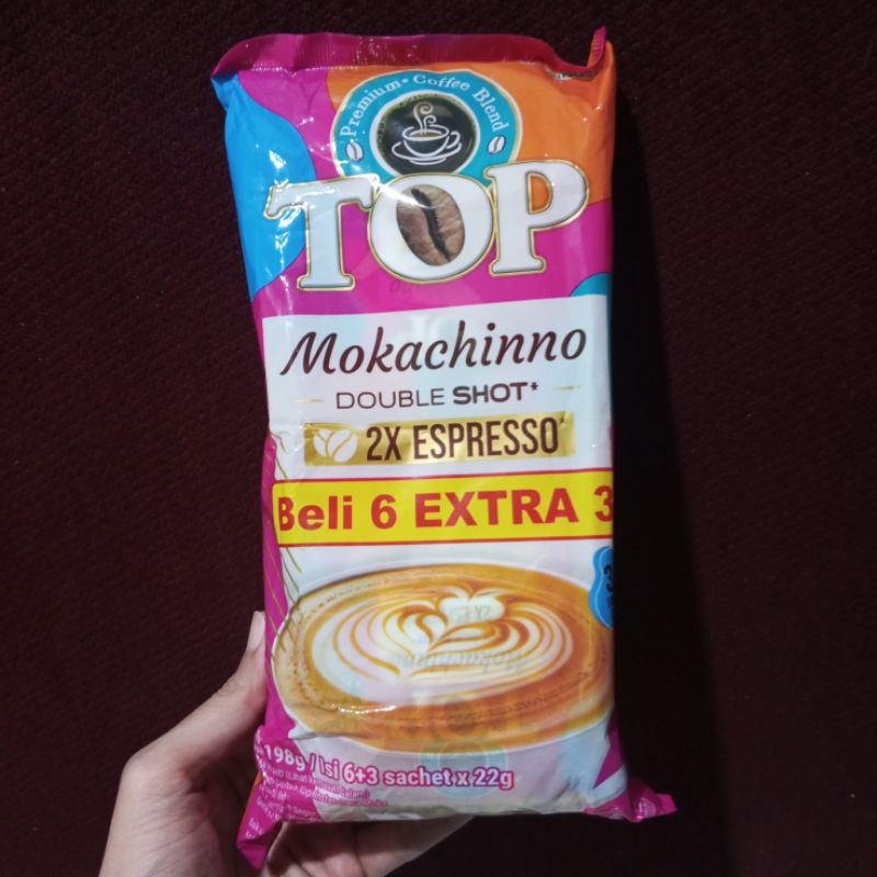 

TOP Coffee Kopi Mokachinno Double Shot Instant kemasan pack (6+3) x 22 gr