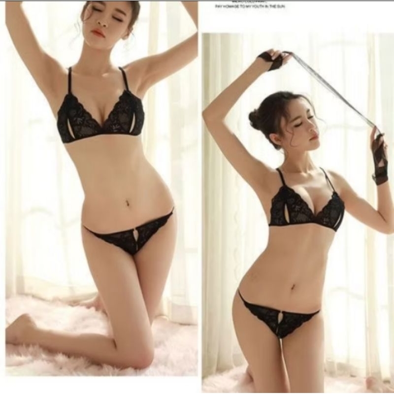 Satu Set Bra Lingerie Sexy & Celana Dalam Bikini Model Lace Transparant Import Pakaian Wanita