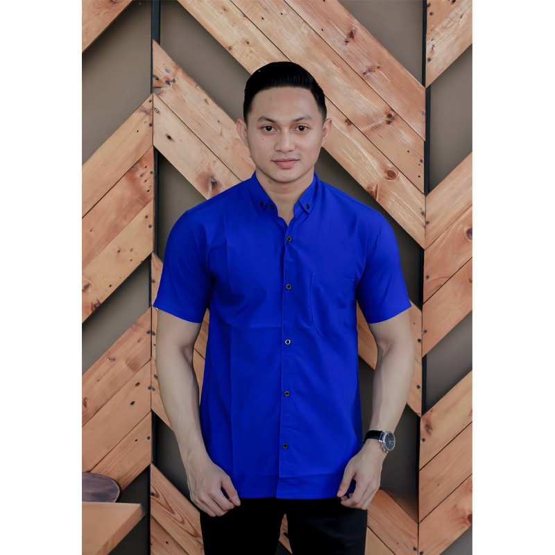 Kemeja polos lengan pendek biru tua Fashion pria/wanita