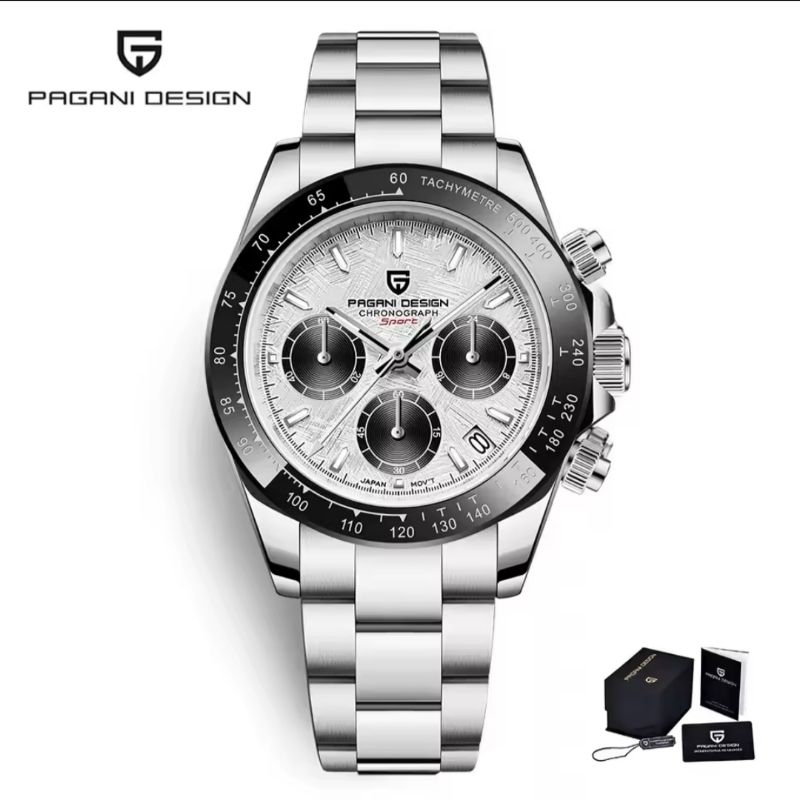 NEW PAGANI DESIGN DAYTONA SILVER METEORITE TEKSTUR QUARTZ STEEL SOLID 316 L CERAMIC BEZEL SAFIR GLAS