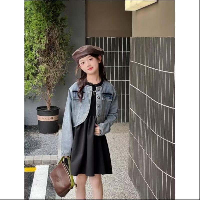 NEW ARRIVAL 2IN1 DRESS HITAM + JAKET JEANS CROP BANGKOK IMPORT SUPER PREMIUM ANAK PEREMPUAN USIA 4 5