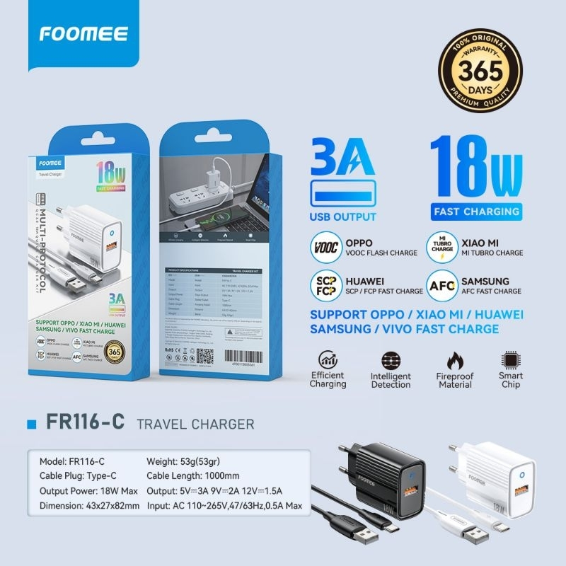 Foomee Travel Charger Dan Adaptor kabel For Type-C To Type-C USB To Type-C 18W 20W 22.5W 35W 45W  US