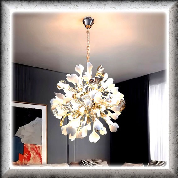 Lampu hias susun gantung kembang bunga daun warna putih gold keramik Modern chandelier elegan minima
