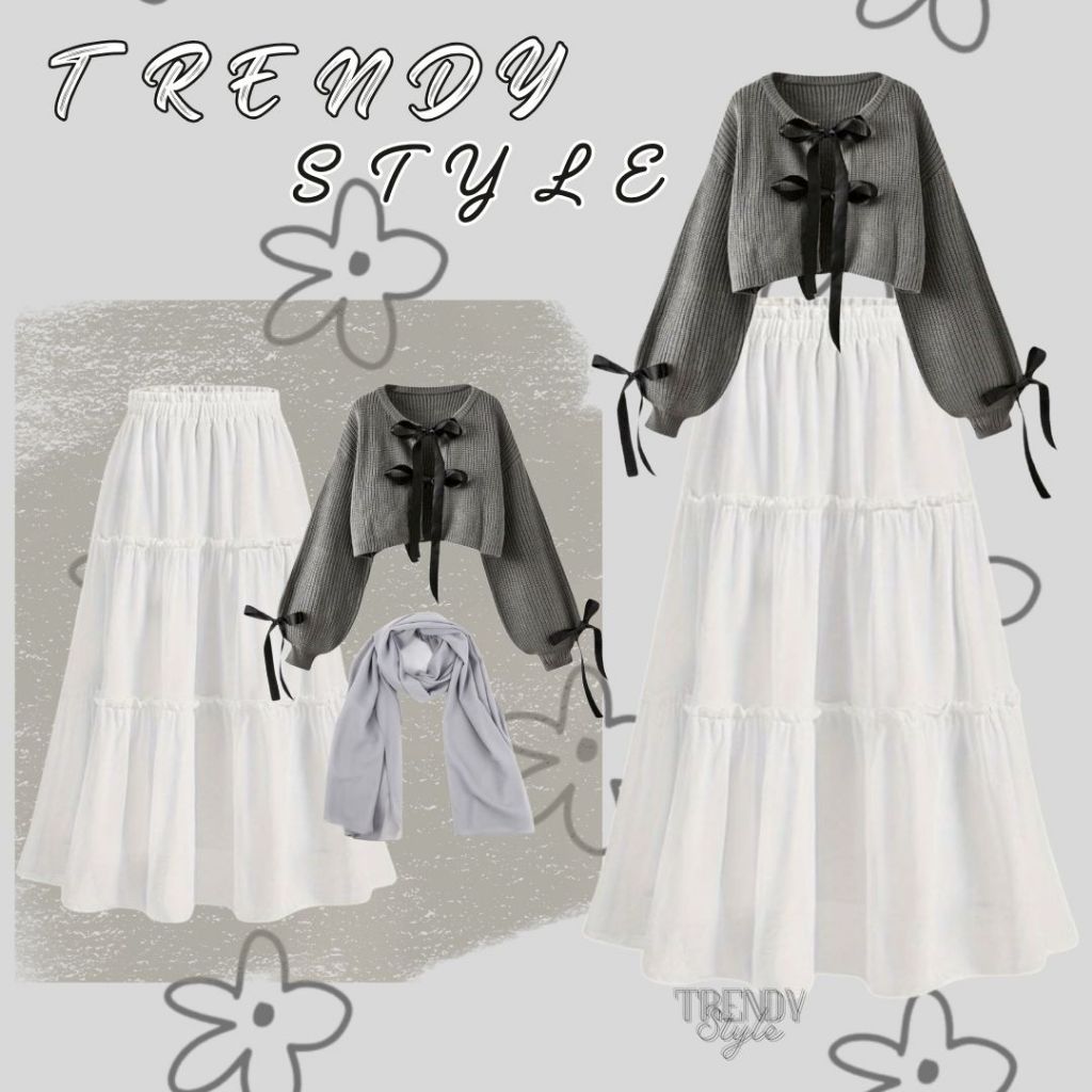 Oneset 3in1 (JILBAB + SWEATER + ROK SUSUN) OOTD Sweater Pita Ribbon Grey dan Rok Putih Susun Wanita 