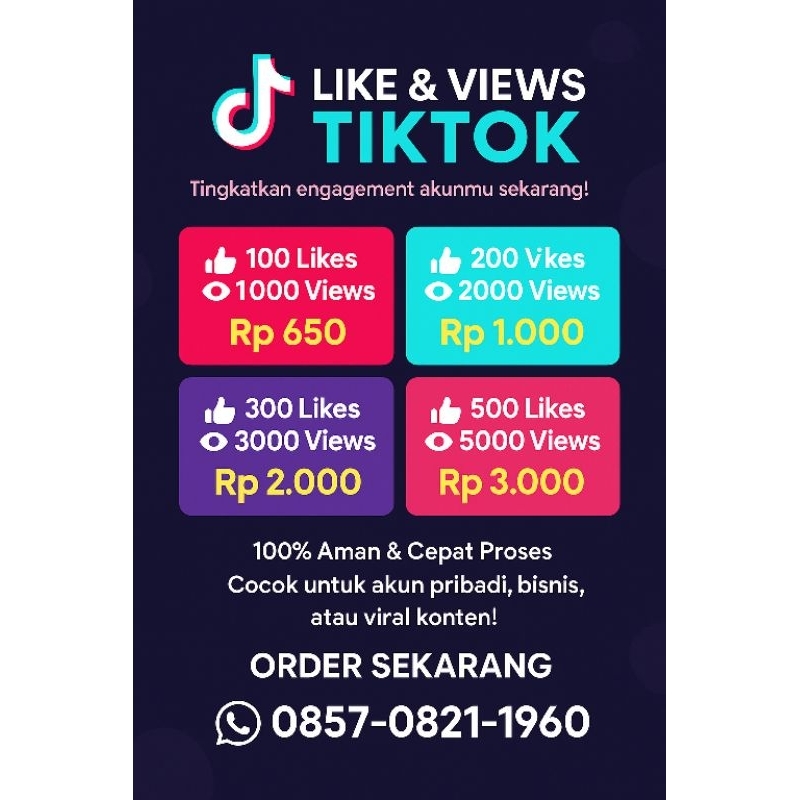 1000 Views + 100 Likes TikTok | Aman, Cepat, Murahh/> 5000 Views + 500 Likes TikTok | Real Boosting 