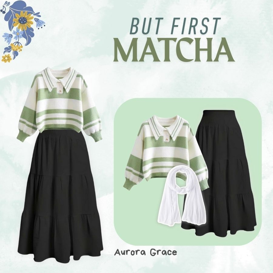 Aurora Grace|  One Set Remaja Matcha (Rok Susun, Pasmina, Paolin Strip Rajut)