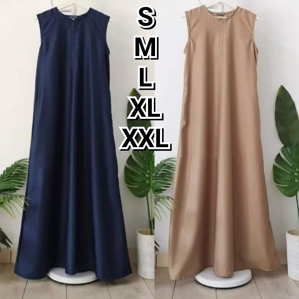 Inner Dress Wanita Polos Toyobo Tanpa Lengan Sleting Depan Gamis Kutungan Gamis Polos Terbaru Kekini