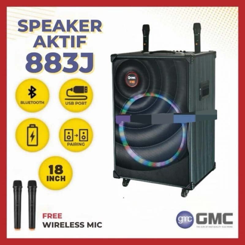 Speaker GMC 18inch 883J Speaker Portabel Bluetooth GMC 18” + 2 Mic Wireless