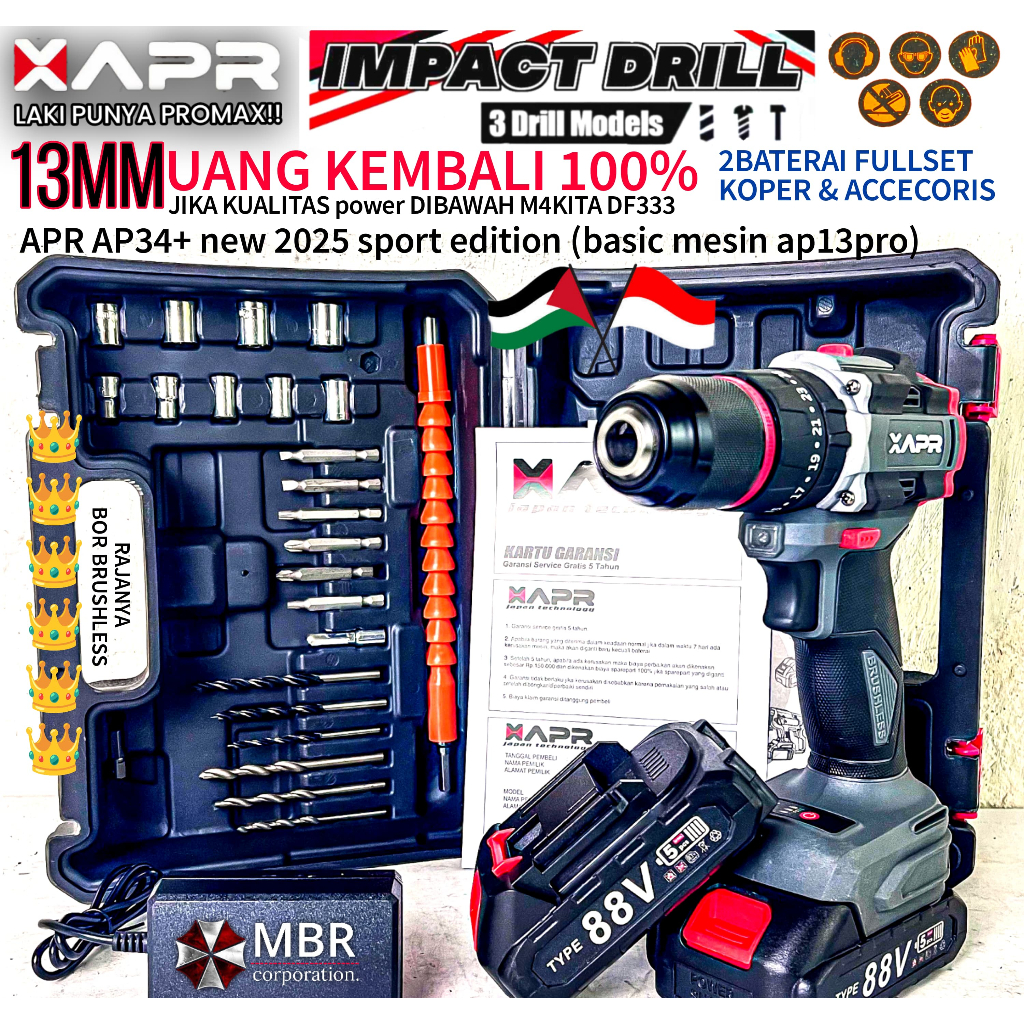 Bor Cordless APR JAPAN AP34+ AP24+ AP85+ AP21+ AP12+ 88v BRUSHLESS Keyless Chuck Besi Garansi 5 thn