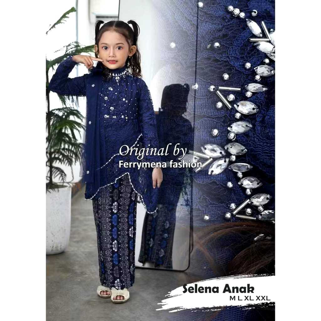 BEST SELLER  SETELAN DAN ATASAN BAJU KEBAYA SELENA BROKAT ANAK SELENDANG PAYET TILLE MIX ROK PLISKET