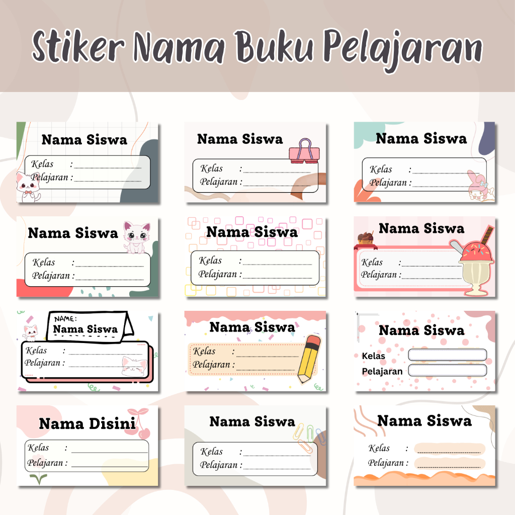 Stiker Label Buku Pelajaran / Stiker Nama Mata Pelajaran / Label Nama buku / Stiker Lucu pastel