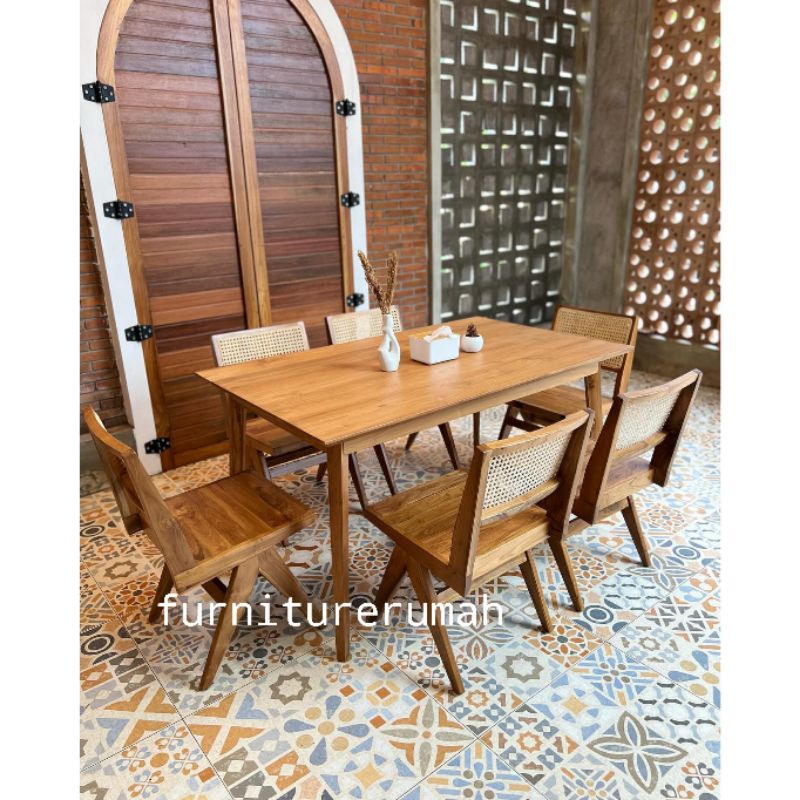 set meja makan 6 kursi rotan kayu jati minimalis, meja makan jati 6 kursi rotan kayu jati