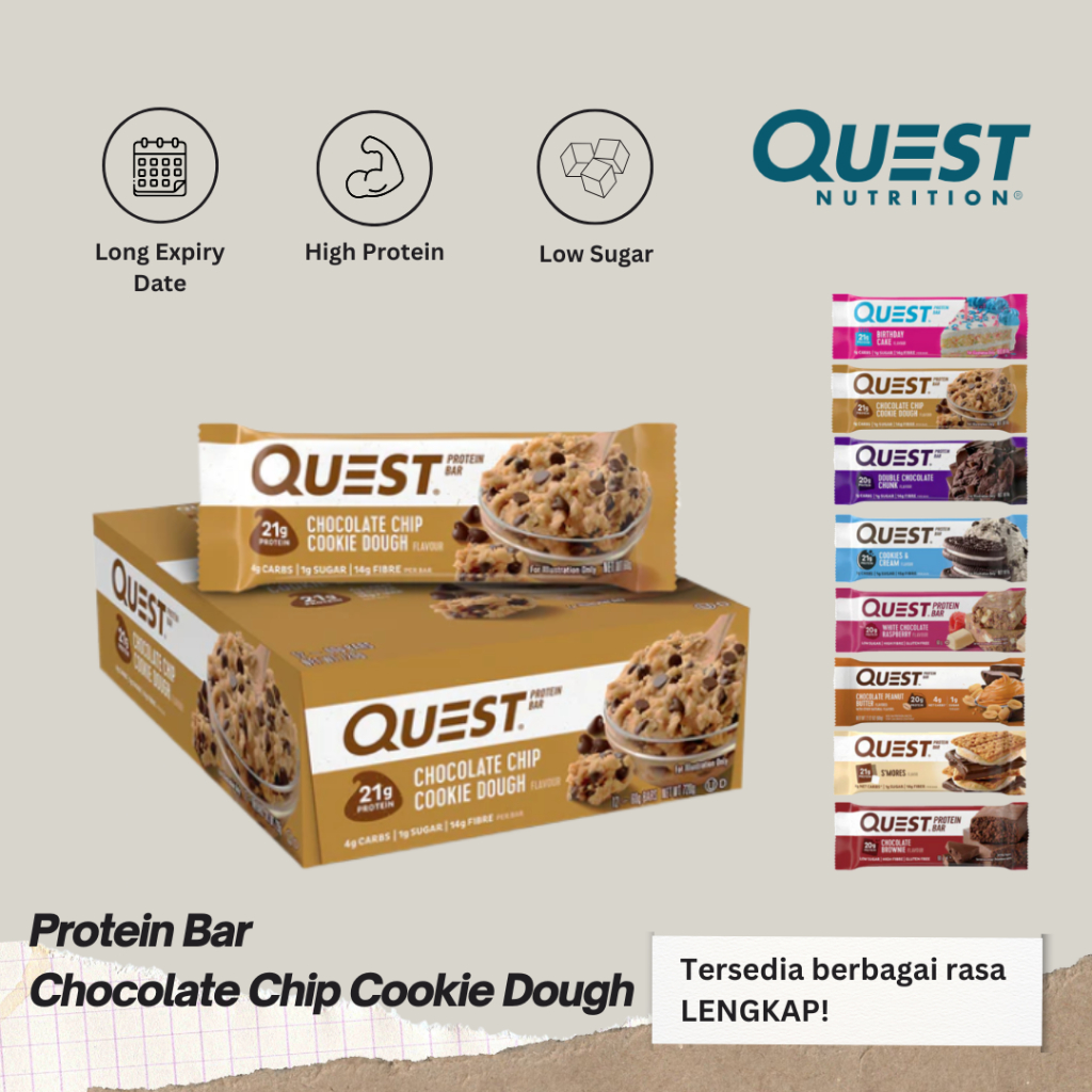 

Quest Protein Bar 60g Rasa Chocolate Chip Cookie Dough Nutrition Energy Healthy Snack Bars Fitness Gym Low Sugar High Protein High Fiber