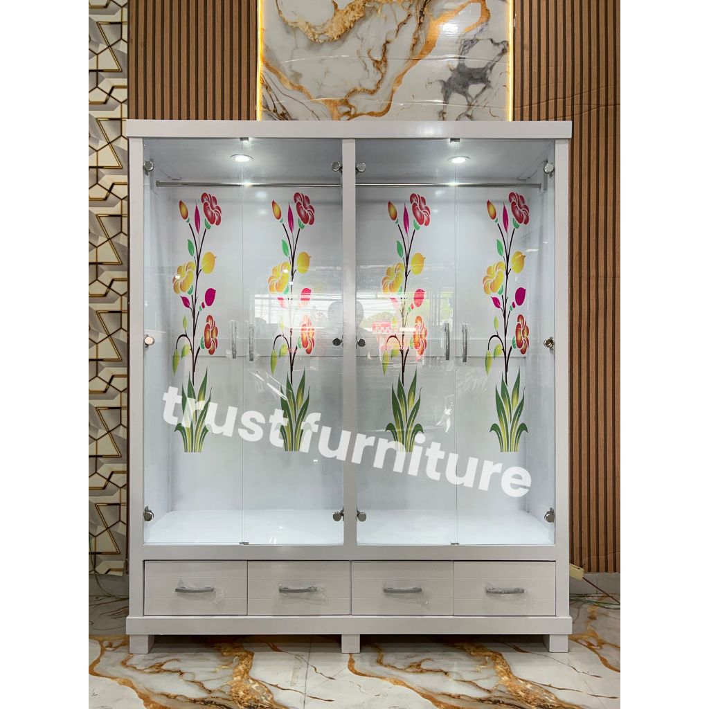 Lemari pajangan gamis jumbo 4 PINTU Full kaca/lemari gamis premium/lemari gamis lampu/lemari gamis k