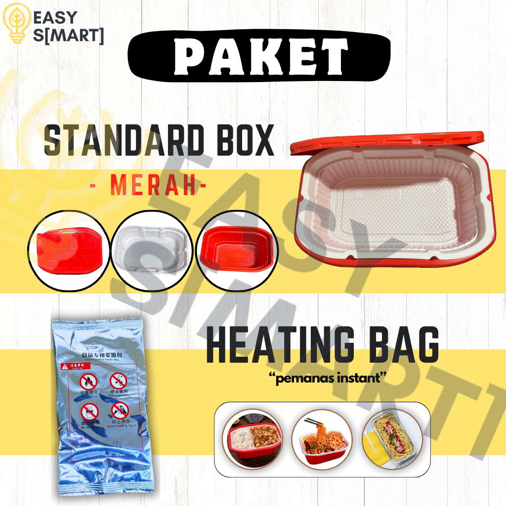 PAKET Standard Box Merah+ Self Heating Bag/ Kotak Makan Thermal + Flameless Heater Untuk Traveling/ 