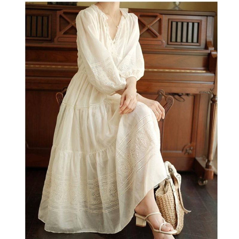 13404 Baju maxidress longdress EMBROIDERED TIERED MAXI DRESS LACE Bordir putih Korean style wanita p