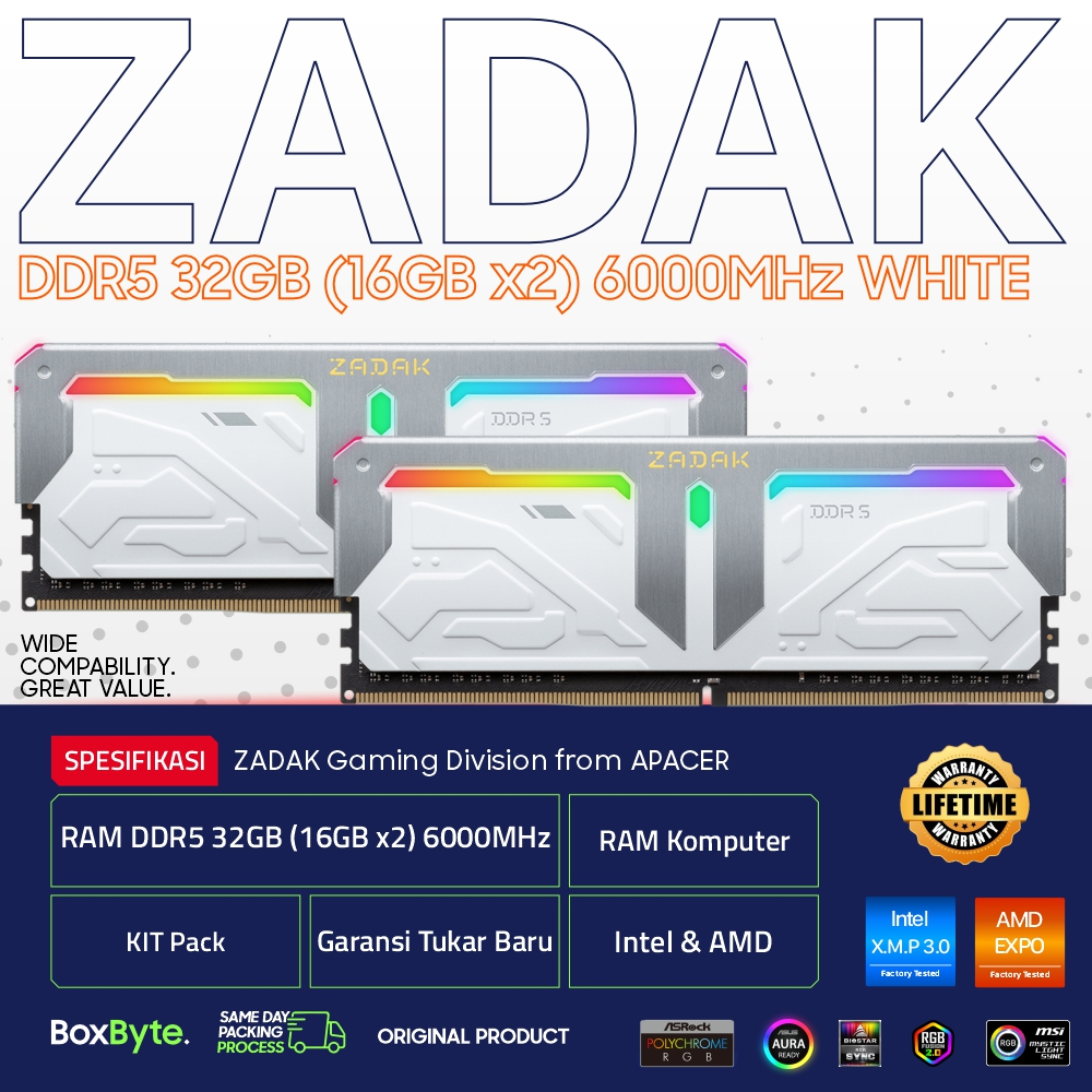 RAM DDR5 32GB (16GB x2) KIT 6000MHz ZADAK Spark RGB RAM KOMPUTER  / RAM LONGDIMM INTEL AMD DDR5