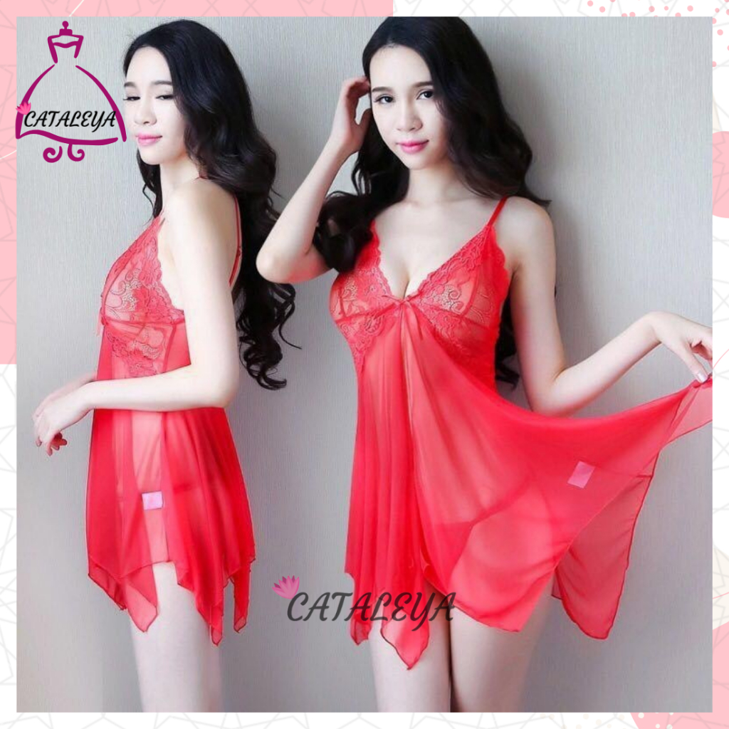 Violet Lingerie Set Baju Tidur Wanita Sexy  & G String Model Bunga Sweet Lace Transparan Impor Terla