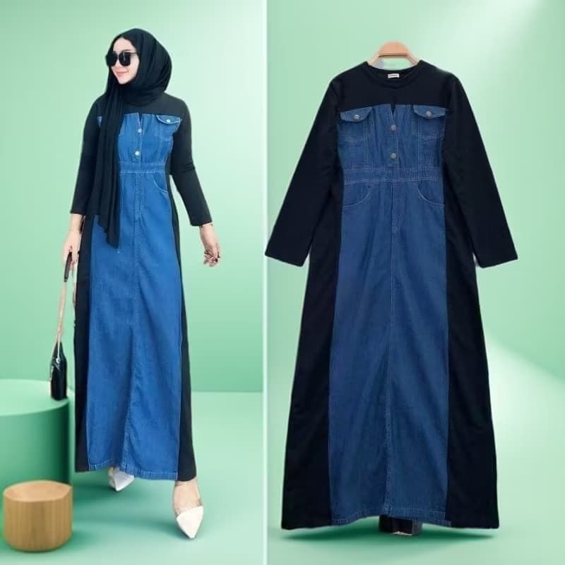 Dress Jeans Laluna kombinasi Babytery / Gamis Jeans / Baju Muslim / Pakaian Wanita Model Terbaru