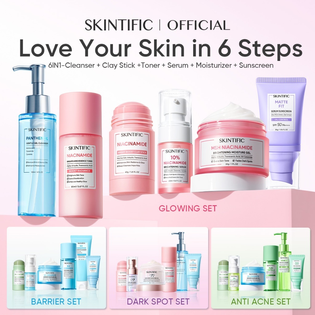 [PAKET HEMAT]SKINTIFIC-6pcs Paket-Skincare Set | Serum Moisturizer Gel Toner Sunscreen Cleansing Mou