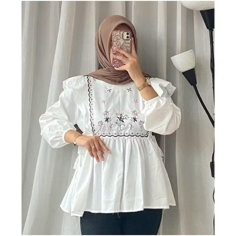 Atasan Kemeja Motif Bunga Bordir/Atasan Kemeja Wanita Muslim Dewasa Terbaru