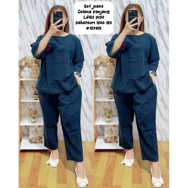 Setelan jeans wanita celana panjang - setelan jeans cp jumbo bordir 127005