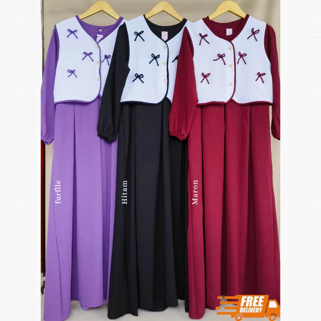 Gamis wanita terbaru 2025 bahan crinkle airflow 1 set gamis dan rompi terpisah